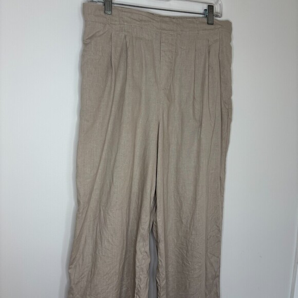 PACIBE Pants - PACIBE Pull On 100% Linen Pants Womens L Wide-Leg Tan Pleats Pockets Lightweight